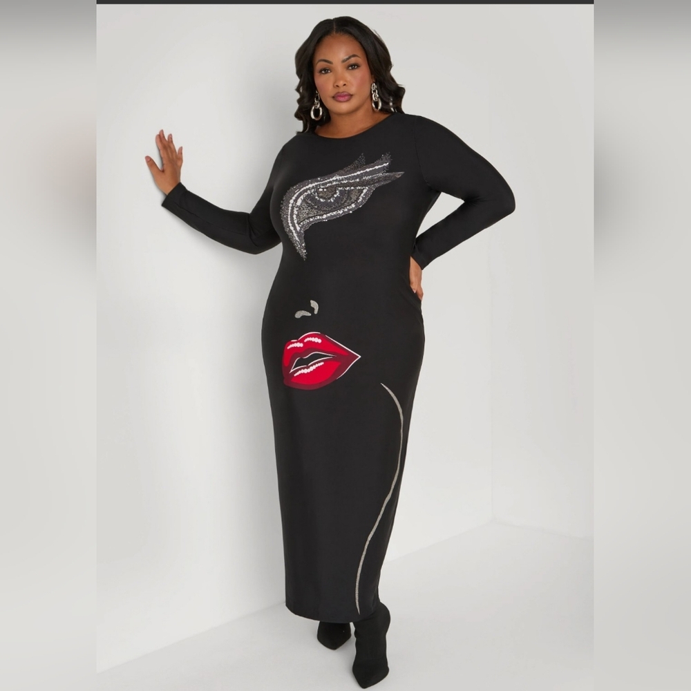 Glitter Face Graphic Black Maxi Dress